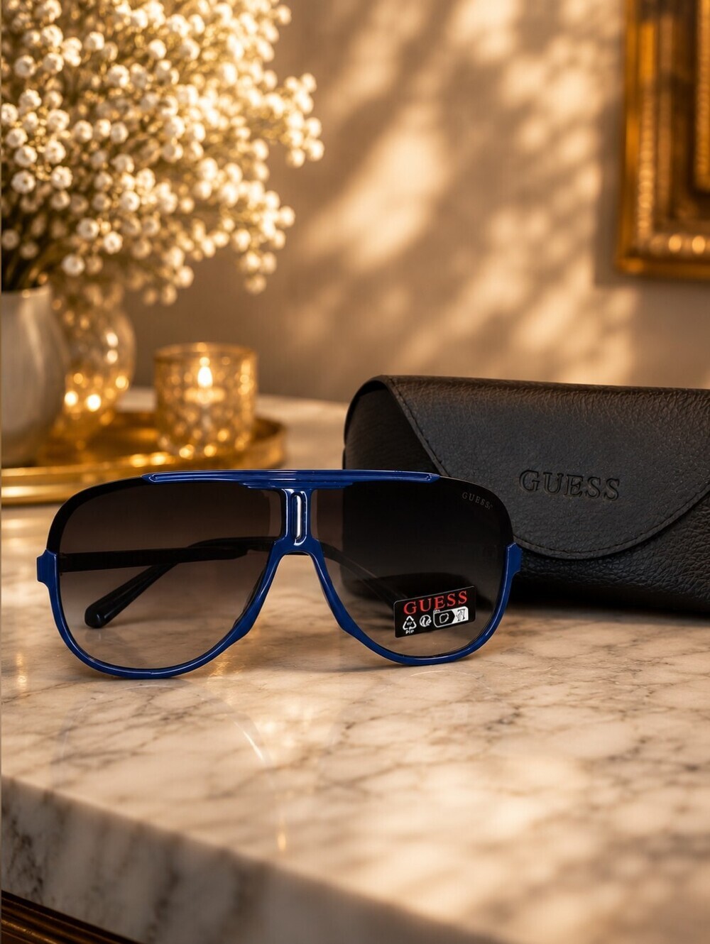 Guess Oversized Shield Aviator Sunglasses Blue Frame Gradient Lenses NWT w/ Case